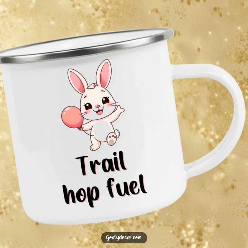 Funny Bunny Balloon Camping Mug: A smiling bunny happily bounces a colorful balloon, ready for outdoor sips and cheerful moments.