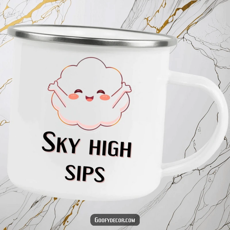 Funny camping mug featuring a happy cloud character floating blissfully, ideal for peaceful outdoor beverages.