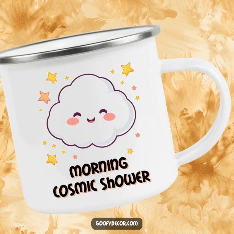 Funny camping mug with a bubbly cloud character joyfully sprinkling colorful stars, perfect for enjoying drinks on the go.