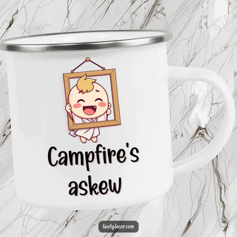 Funny camping mug with a delighted character hilariously hanging a crooked picture, perfect for outdoor humor.