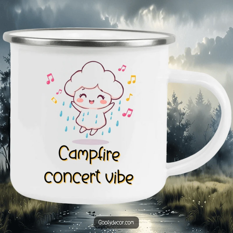 Funny dancing rain cloud camping mug depicting a happy cloud character with musical notes, durable and portable for outdoor music sessions.