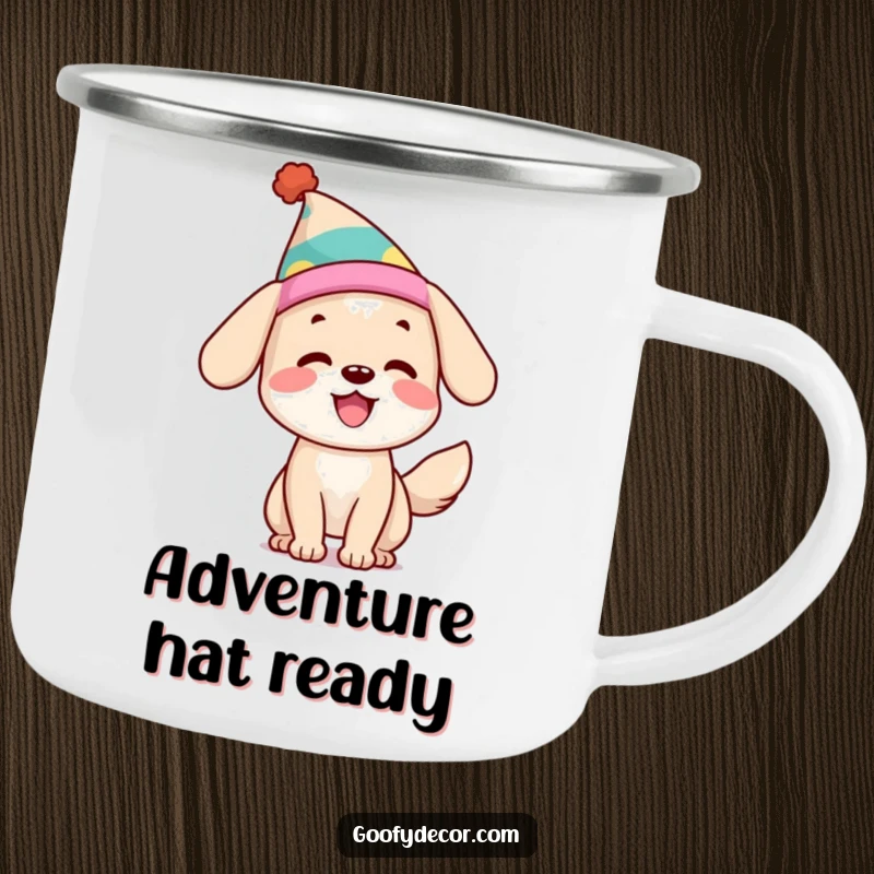 Funny Dog Camping Mug: A happy dog with a wagging tail and silly hat is ready for outdoor sips and campfire stories.