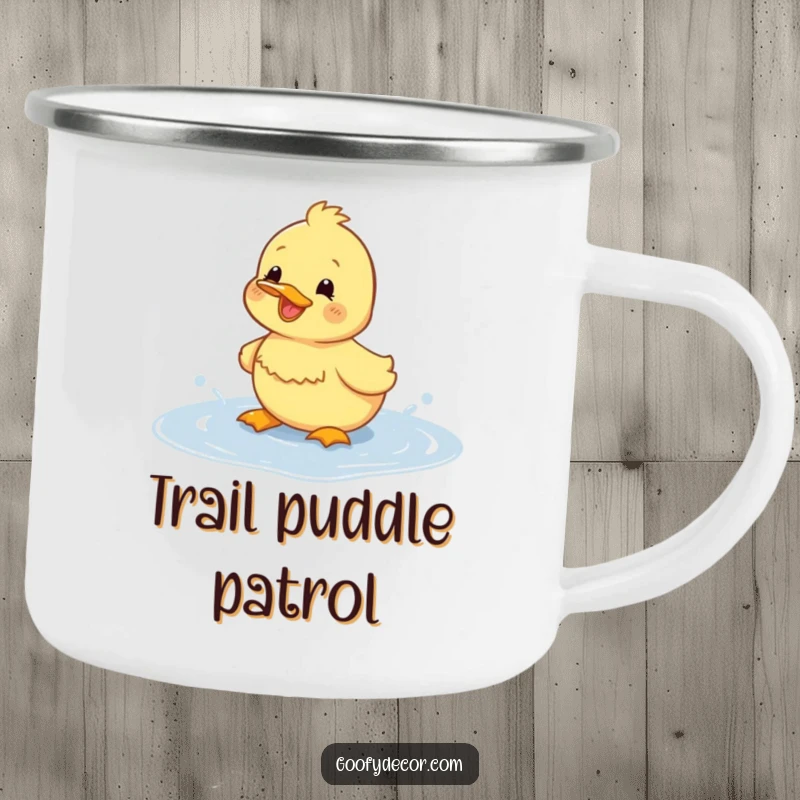 Funny duckling camping mug with a cheerful duckling splashing in a puddle, great for outdoor enthusiasts.