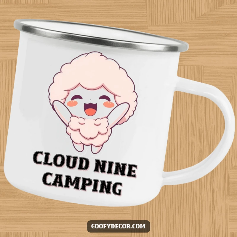 Funny camping mug with a fluffy character joyfully floating upwards, ready for outdoor adventures and cheerful morning beverages.