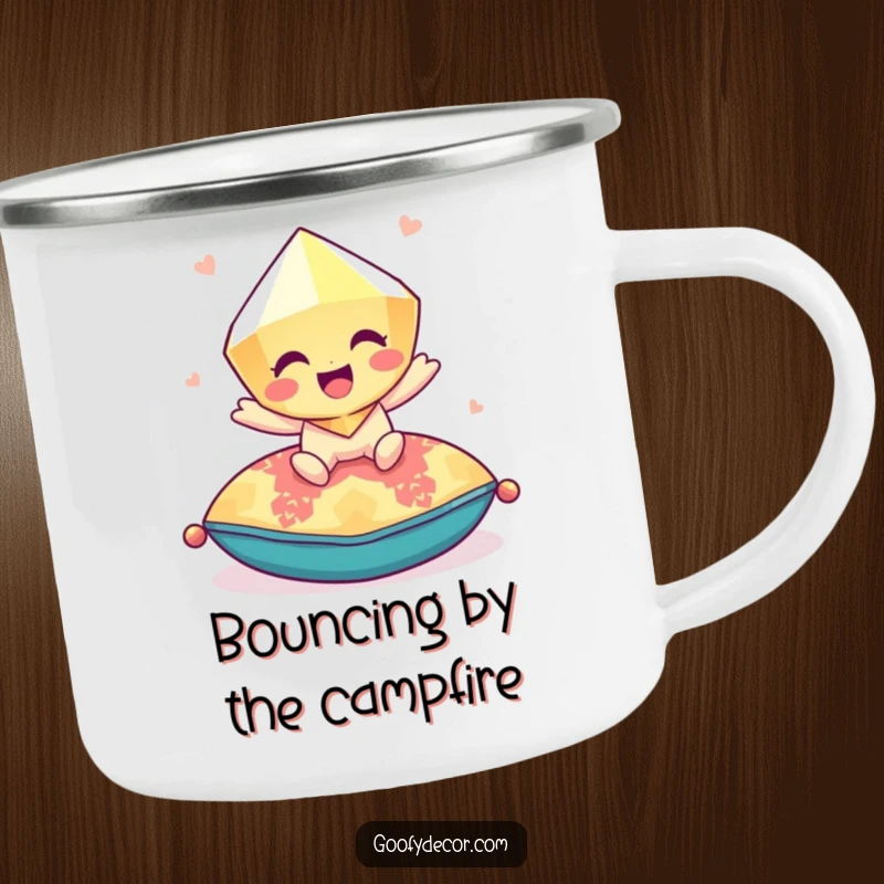 Funny giggling gem bouncing playfully on a colorful cushion on a sturdy camping mug, ideal for cheerful outdoor moments.