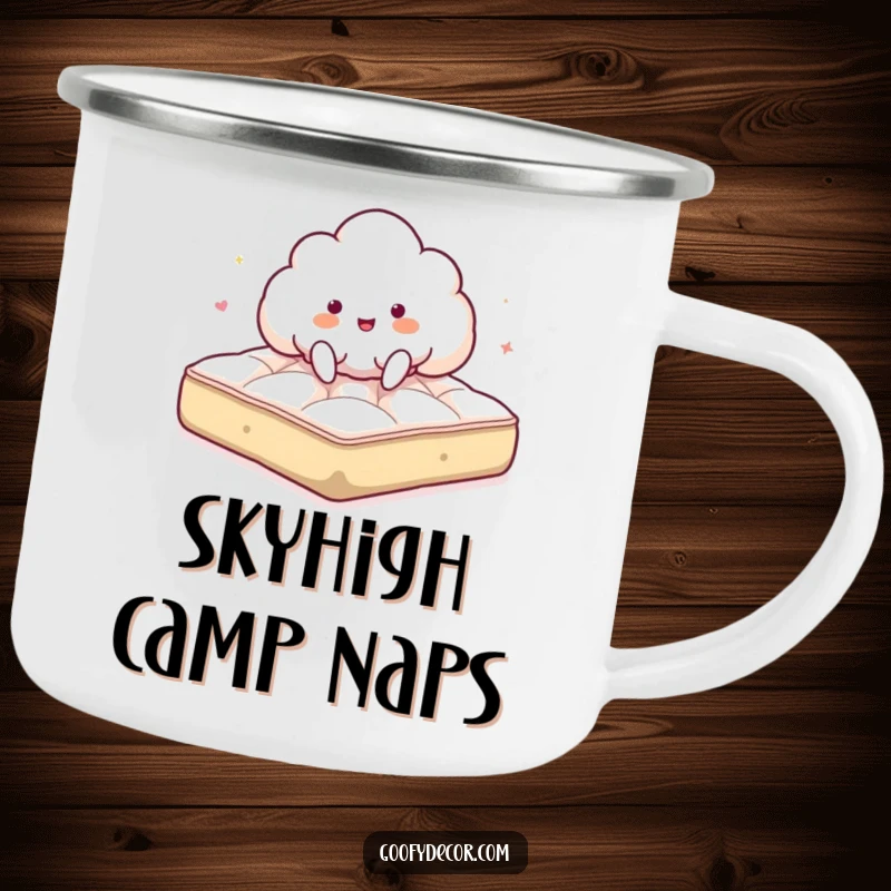 Funny enamel camping mug featuring a giddy cloud character bouncing on a fluffy mattress, perfect for enjoying drinks outdoors.