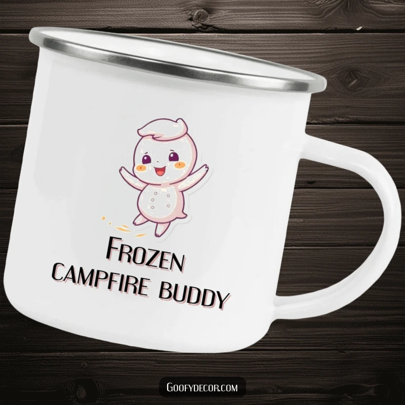 Funny camping mug showcasing a giggling snowflake character twirling happily in a gentle, crisp outdoor breeze.