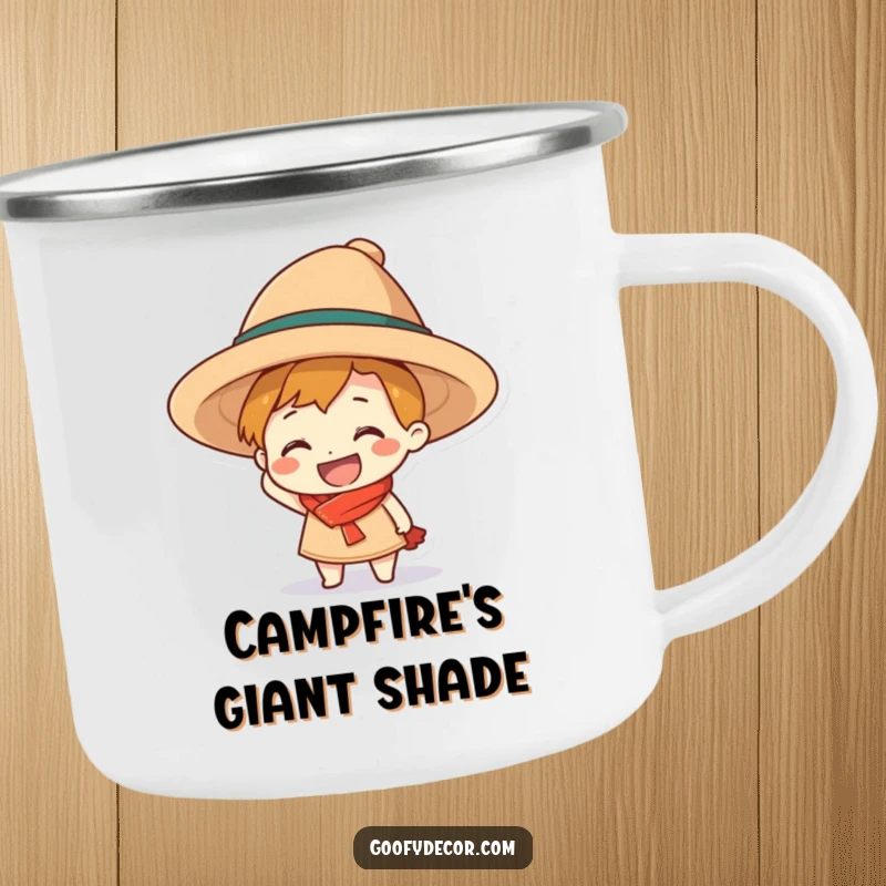 Funny grinning character camping mug, hilariously wearing an oversized hat, ready for outdoor fun and humor.