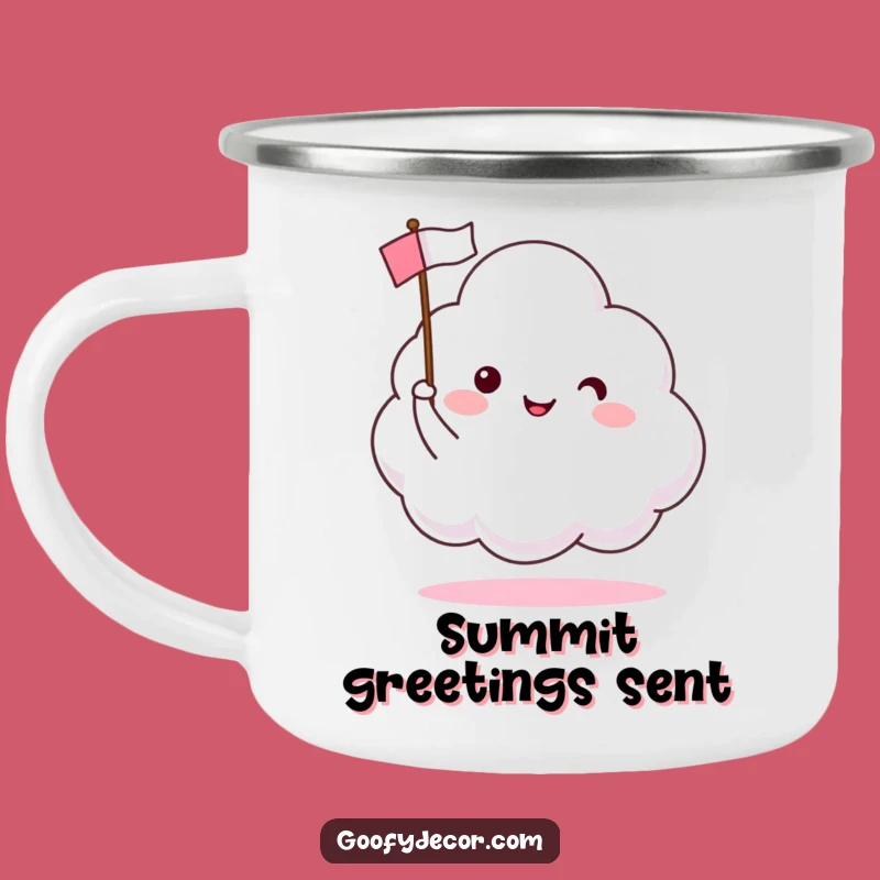 Funny Happy Cloud Camping Mug: Sip Cheerfully, Waving Flags, a Perfect Outdoor Gift