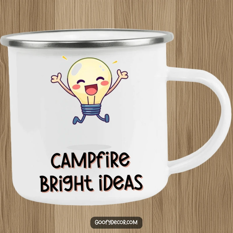 Funny kawaii lightbulb character radiating bright light, leaping happily, on a sturdy camping mug.