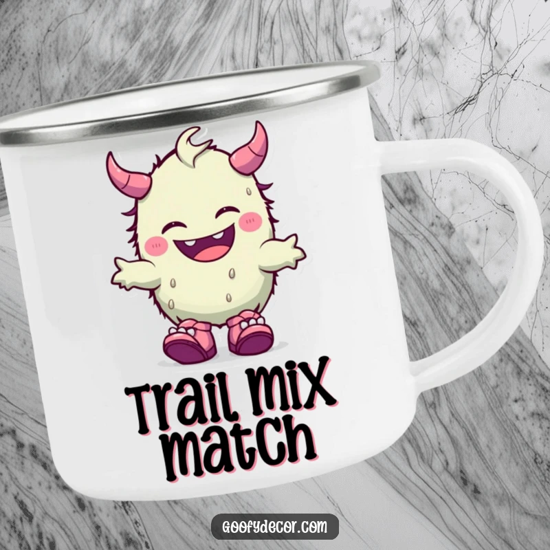 Funny, durable camping mug of a giggling kawaii monster wearing quirky mismatched shoes, perfect for outdoor fun.