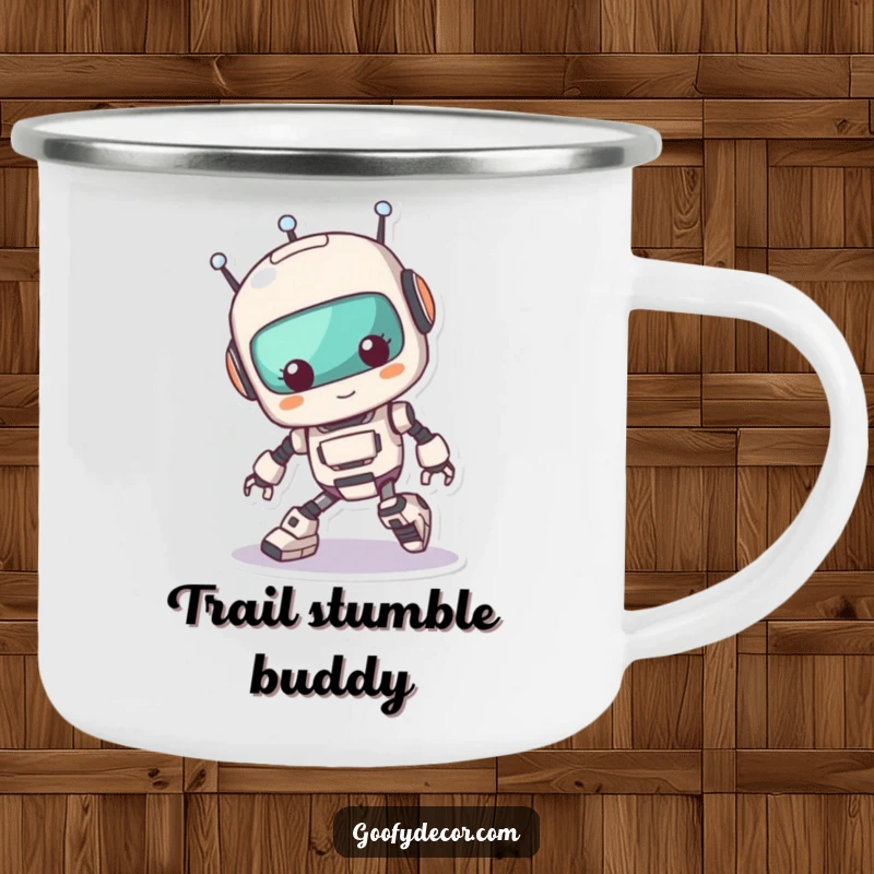 Funny Kawaii Robot Tripping Camping Mug: Rugged mug with a cute robot comically tripping over its feet, perfect for outdoor adventures and humor. A sturdy funny gift.