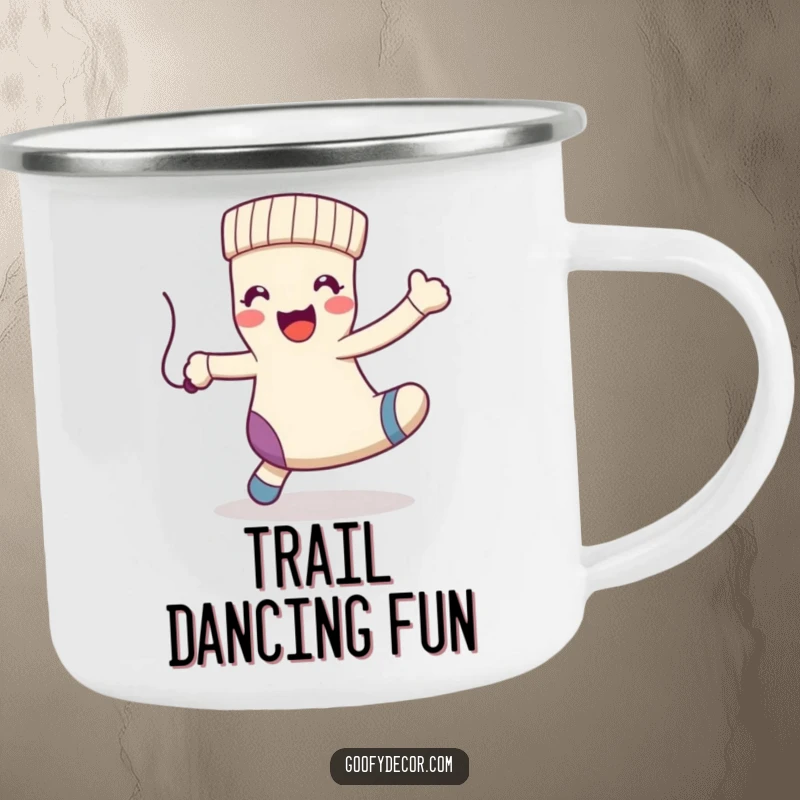 Funny kawaii happy sock character dancing playfully with a dangling string, on a sturdy camping mug.