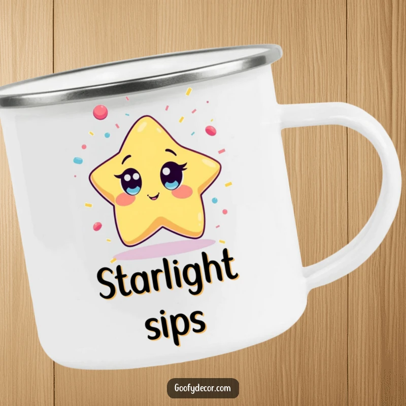 Funny Kawaii Star Camping Mug showing a wide-eyed kawaii star character playfully catching falling confetti, ideal for outdoor festivities and laughter.
