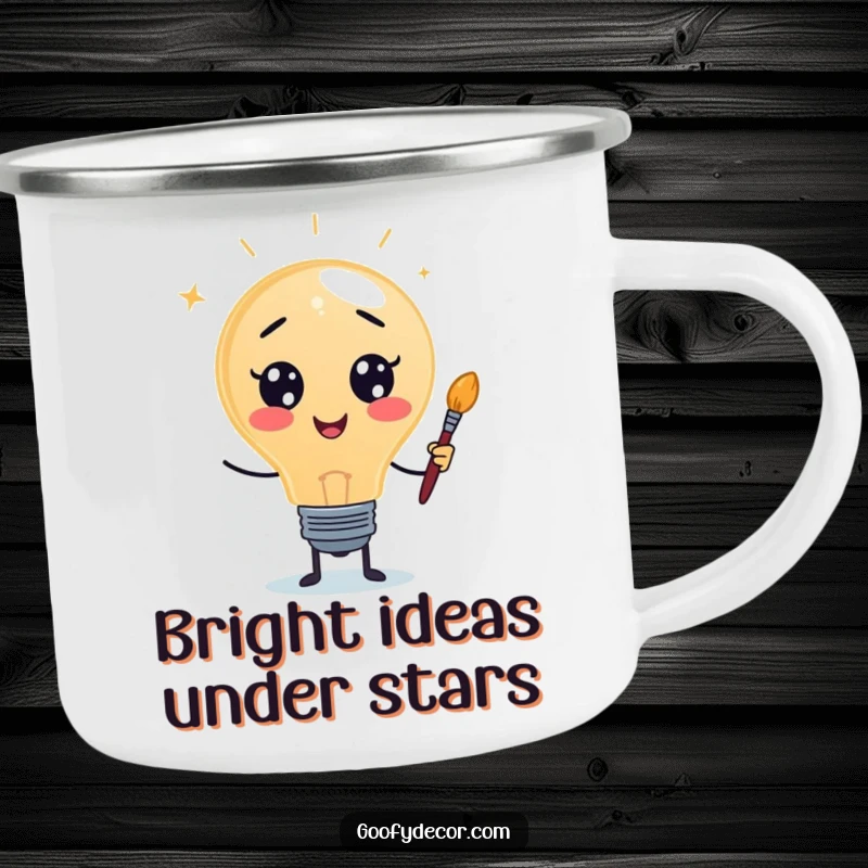 Funny camping mug featuring a lightbulb character with a paintbrush, symbolizing creative energy for outdoor adventures.