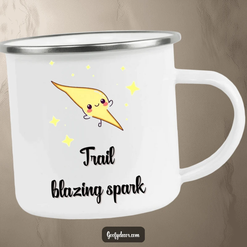 Funny lightning bolt character zipping through a starry sky on a durable camping mug, for adventurous souls.