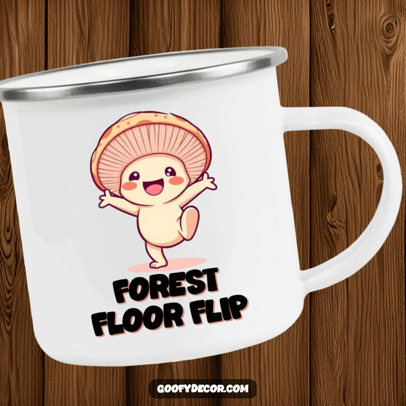 Funny camping mug featuring a smiling mushroom character doing a cartwheel, ideal for active brews and playful journeys.