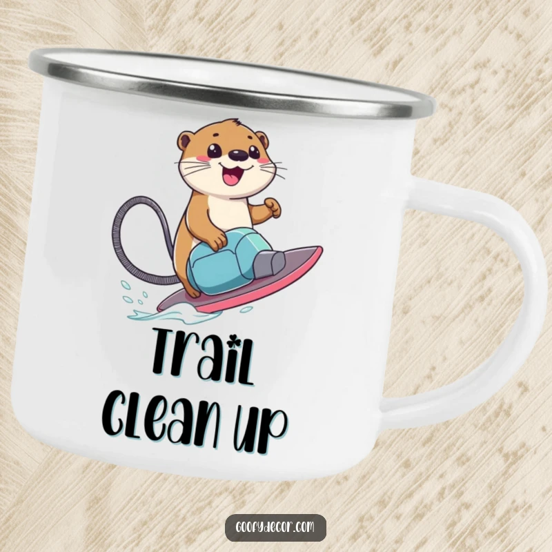 Funny Camping Mug with a smiling otter character surfing a vacuum cleaner, embodying adventure and a clean zest for life.