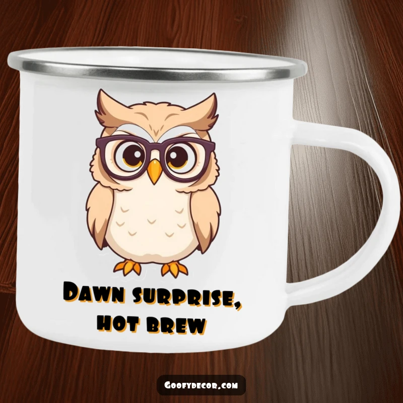 Funny owl camping mug with a determined character with glasses looking surprised, perfect for outdoor wisdom.