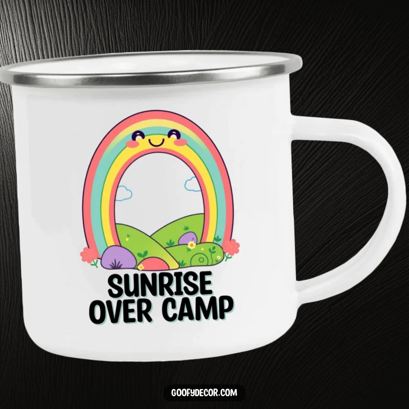 Funny playful rainbow camping mug depicting a smiling rainbow over a landscape, durable and portable for bright outdoor moments.