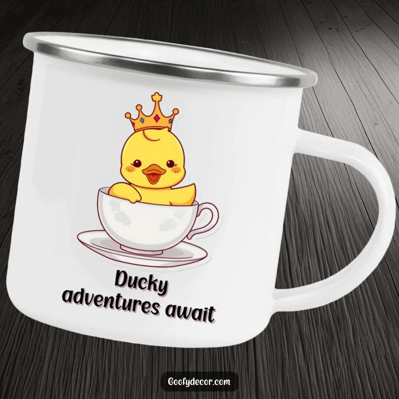 Funny camping mug featuring a crowned rubber ducky sailing in a teacup, perfect for outdoor drinks and royal adventures.
