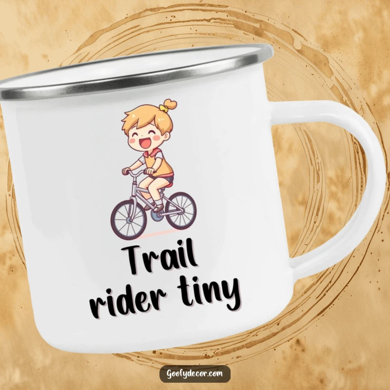 Funny Small Bicycle Camping Mug with a joyful character riding a comically small bicycle, designed for durability and laughs.