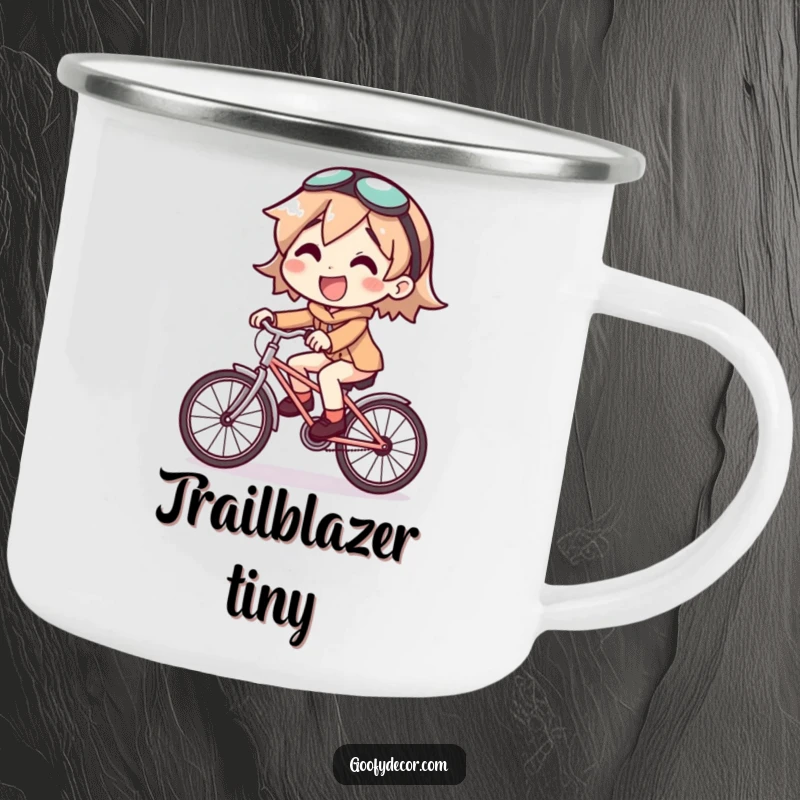 Funny camping mug with a joyful character riding a comically small bicycle, perfect for outdoor humor.