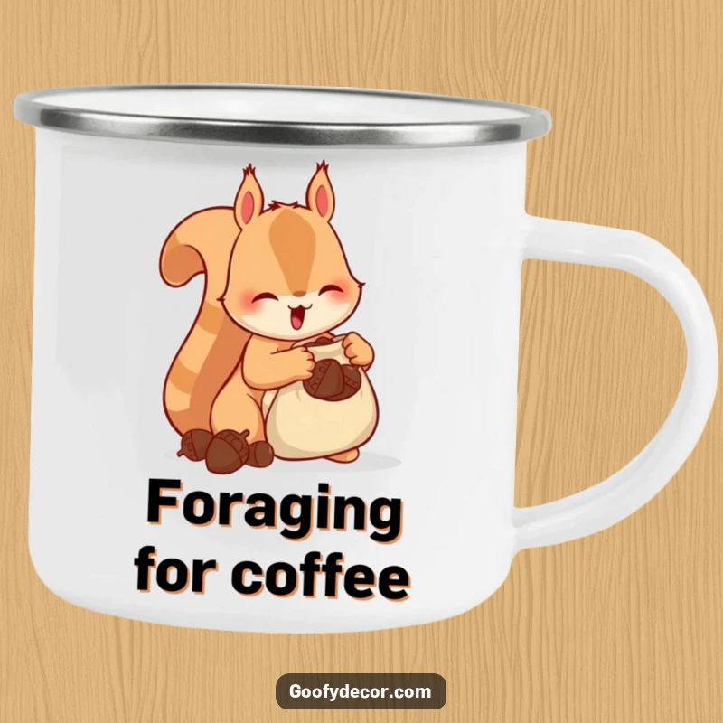 Funny Squirrel Camping Mug with a happy squirrel stuffing acorns into a bag, perfect for outdoor preparations and humor.