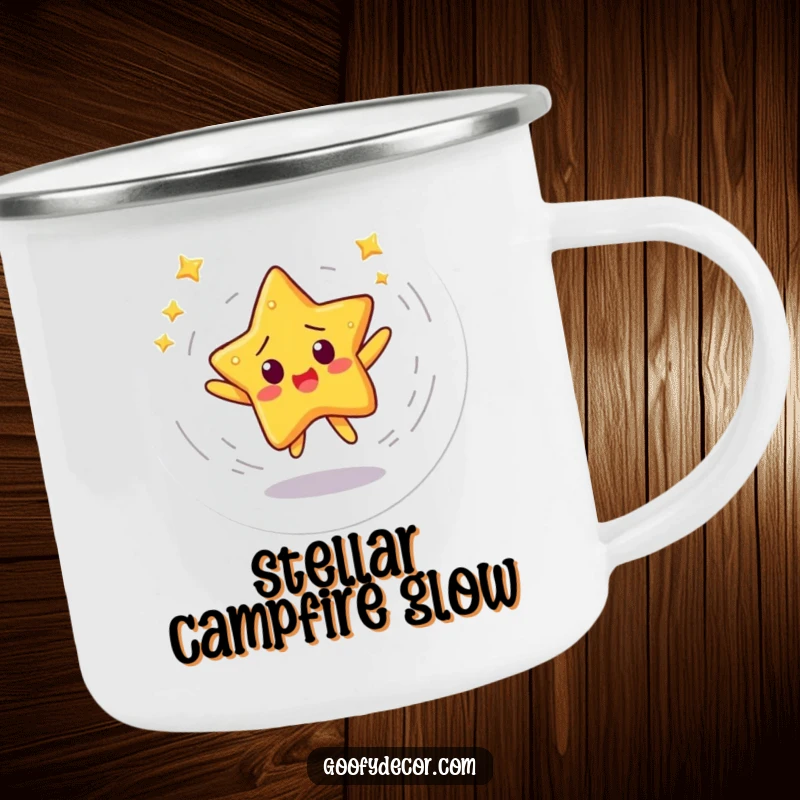 Funny enamel camping mug featuring a startled star character spinning in a dizzying dance, perfect for enjoying drinks outdoors.