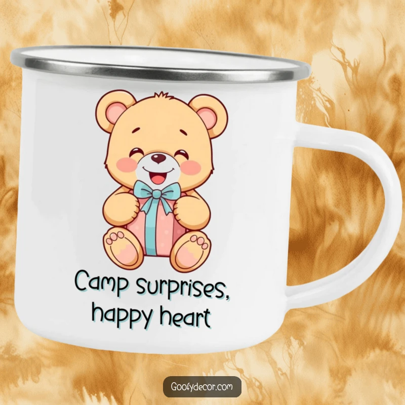 Funny cheerful teddy bear unwrapping a gift on a sturdy camping mug, ideal for cozy outdoor moments and warm drinks.