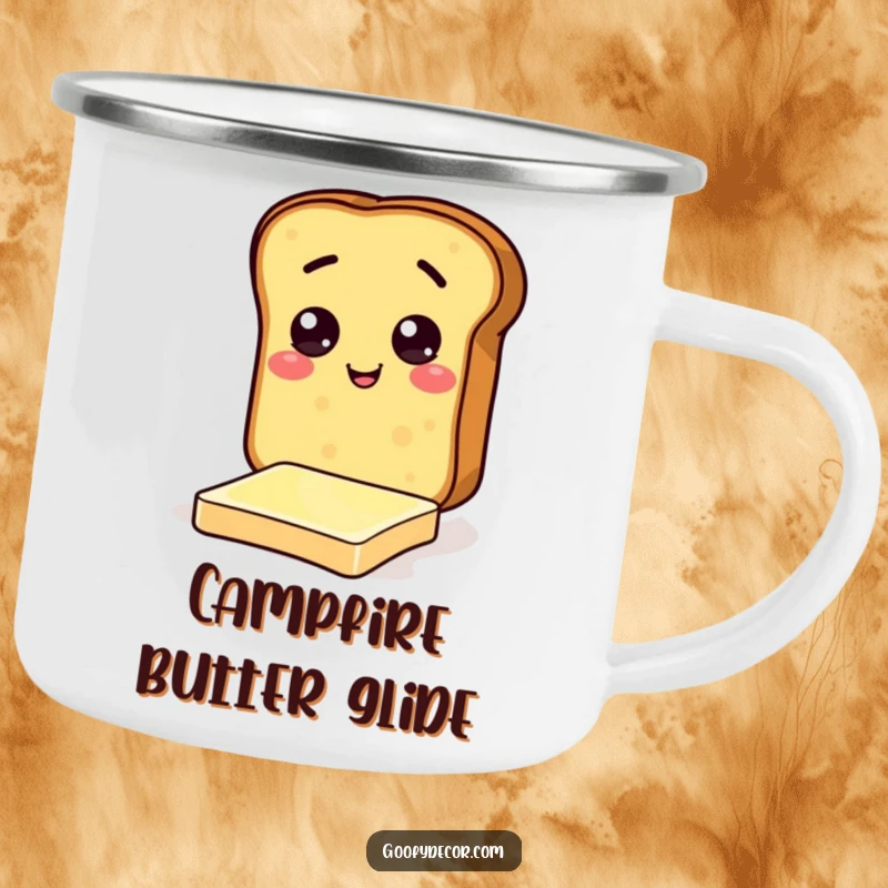 Funny camping mug featuring a cheerful toast character sliding on butter, ideal for breakfast brews and humorous outings.