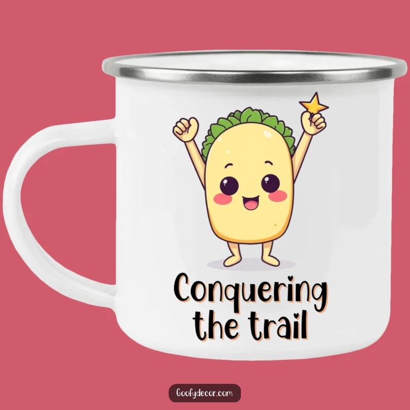 Funny Triumphant Taco Camping Mug: Outdoor Victory Pose Cup, Best Funny Gift
