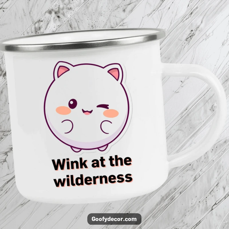 Funny camping mug featuring a round, smiling character winking playfully, perfect for outdoor enthusiasts who love humor.