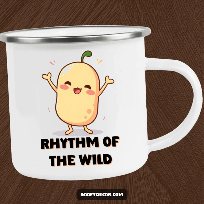 Funny camping mug showing a wobbly character in a silly dance, ready for outdoor adventures and cheerful morning beverages.