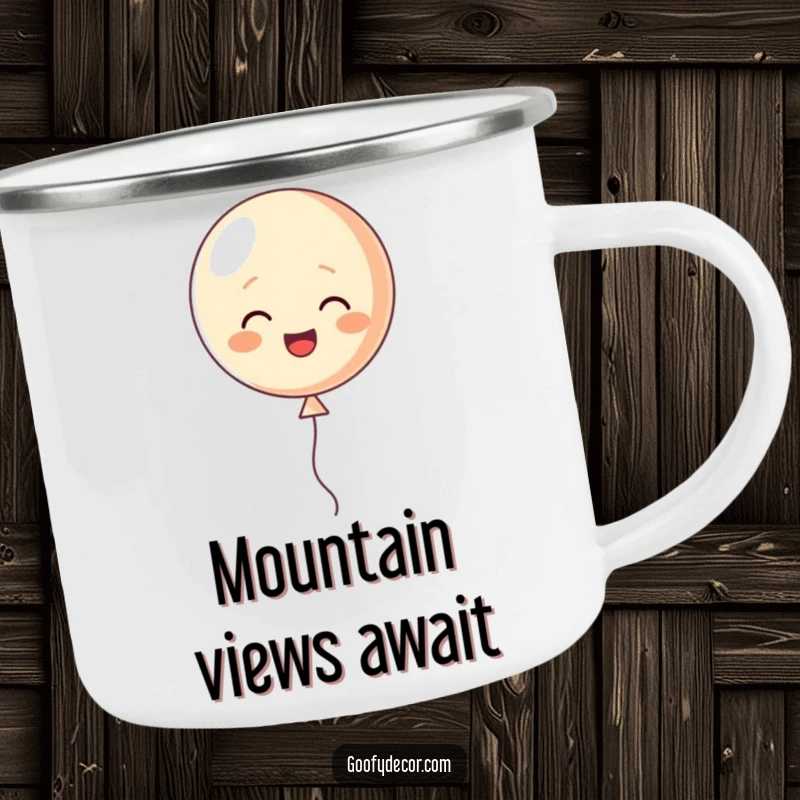 Funny camping mug with a happy little balloon character cheerfully floating upwards, for joyful outdoor experiences.