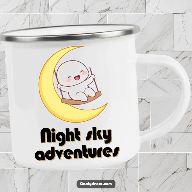 Funny laughing moon character swinging on a crescent moon, on a camping mug for celestial campfire enjoyment.
