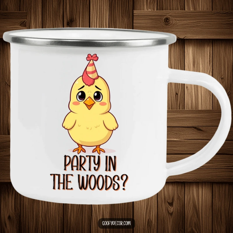 Funny camping mug showcasing a confused rubber chicken character wearing a small party hat, ready for adventure.