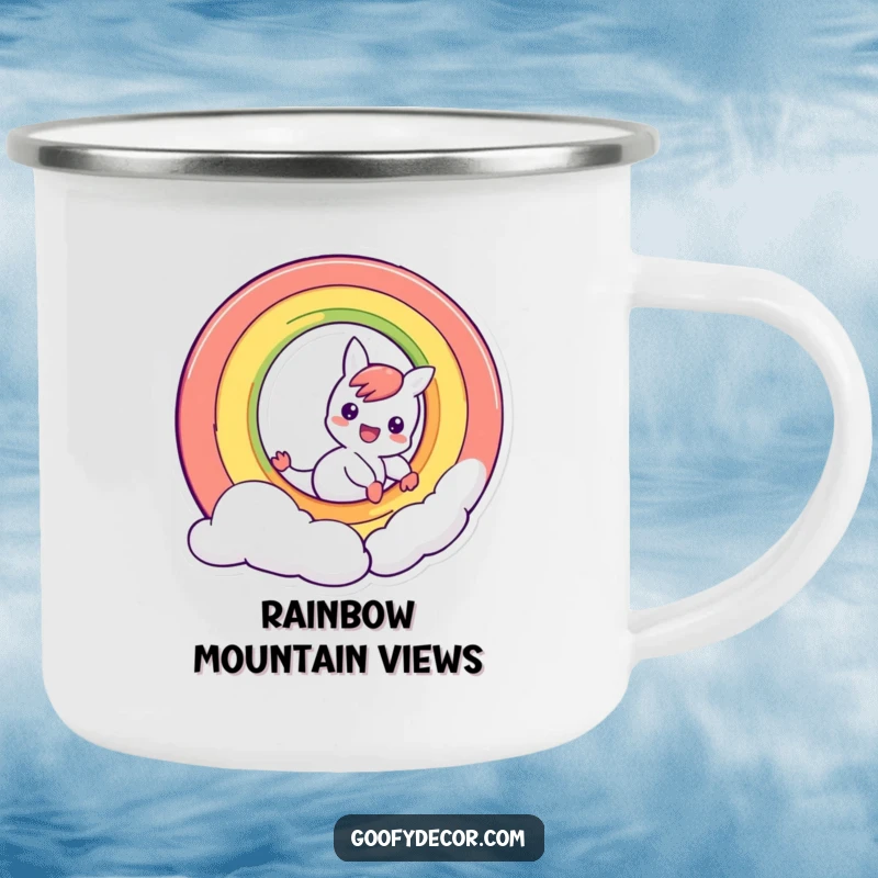 Funny mischievous rainbow character sliding down its own arc, on a durable camping mug for colorful outdoor fun.