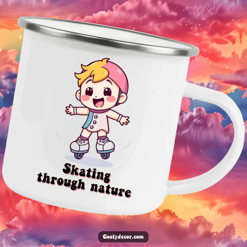 Funny camping mug featuring a happy roller skate character spinning, perfect for outdoor drinks and energetic moments.