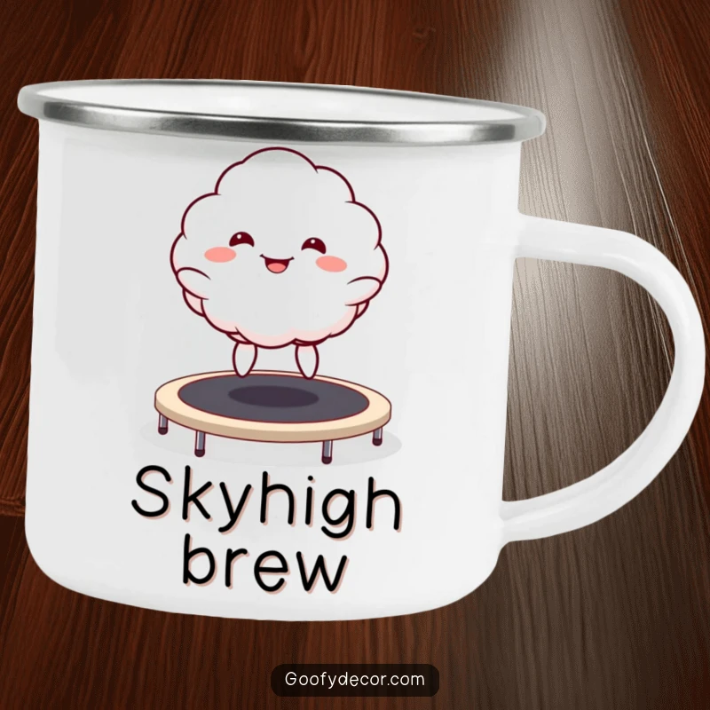 Funny Kawaii Cloud Camping Mug showing a goofy grinning cloud character bouncing on a trampoline, perfect for outdoor fun and laughter.