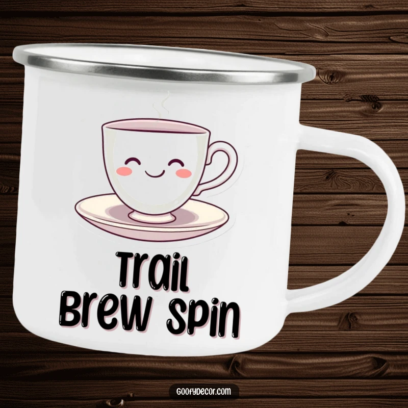 Funny Kawaii Teacup Camping Mug showing a smiling kawaii teacup character happily spinning on its saucer, ideal for joyful outdoor sips.