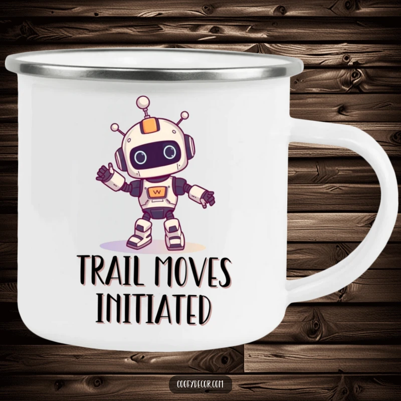 Funny camping mug with a robot character performing a silly spinning dance, perfect for outdoor sipping and smiles.