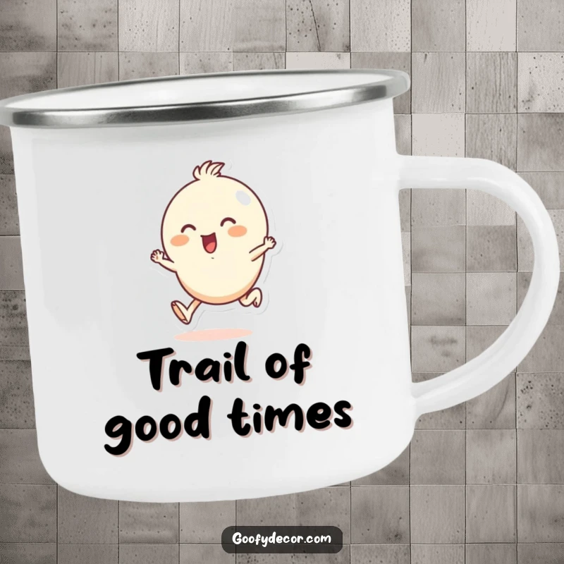 Funny camping mug with a small, round character joyfully skipping, ready for outdoor adventures and cheerful morning beverages.
