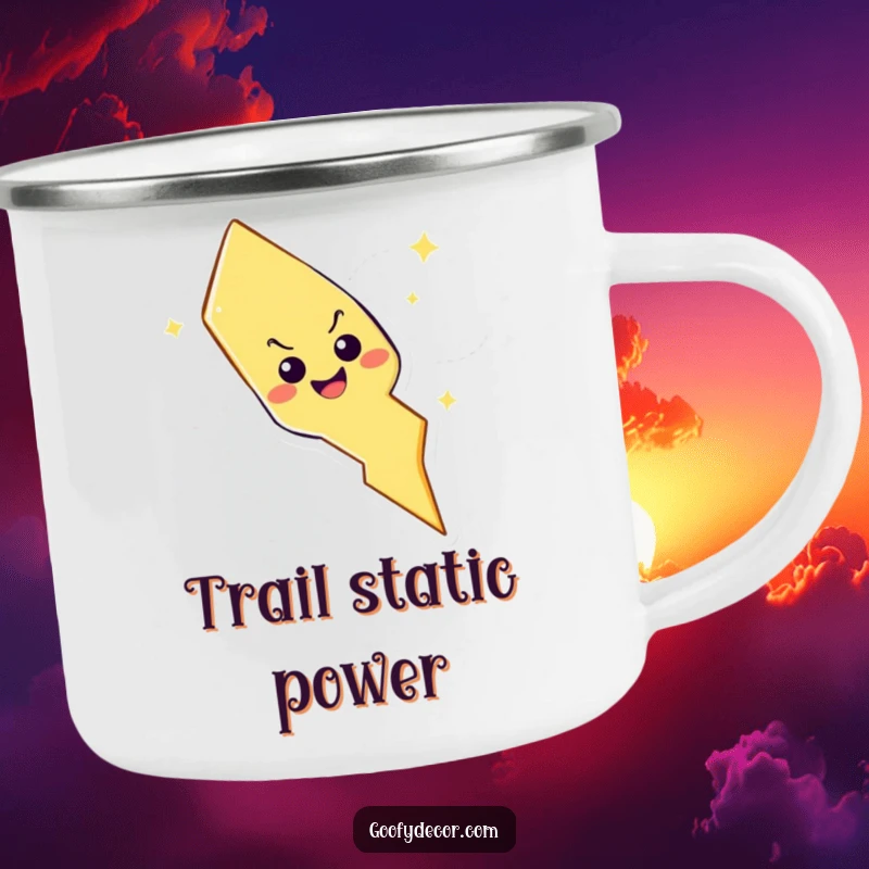 Funny lightning bolt character with mischievous grin on a durable camping mug, perfect for enjoying drinks outdoors with a playful touch.