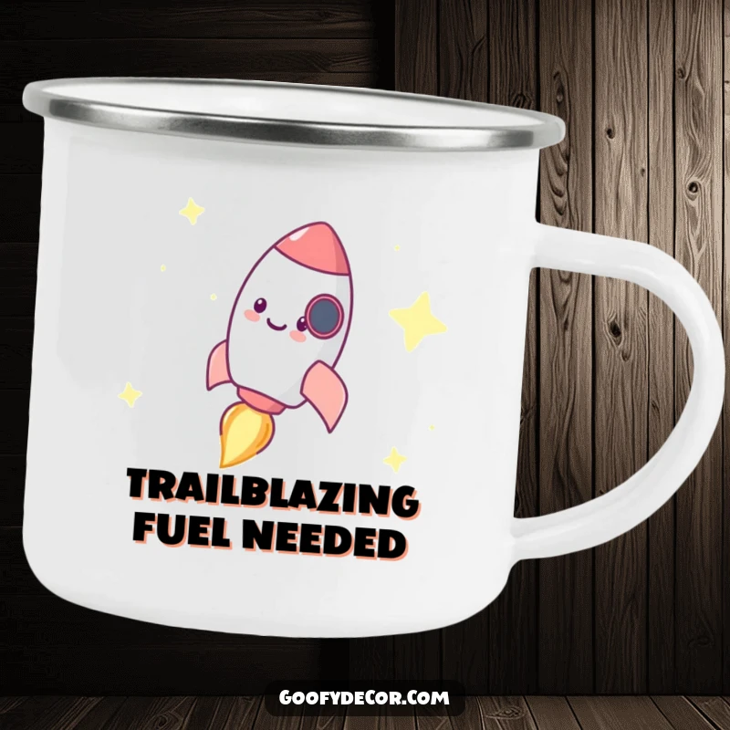 Funny camping mug depicting a tiny, happy rocket character zooming across a starry background, ideal for outdoor enthusiasts.