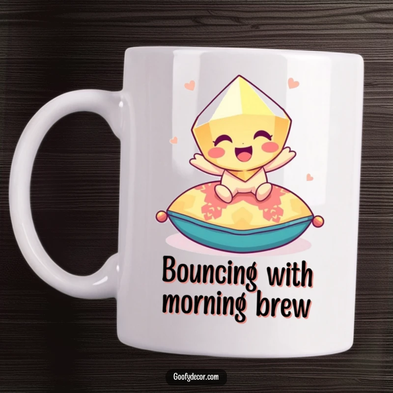 Funny giggling gem character joyfully bouncing on a colorful cushion, depicted with sparkling energy on a fun mug.