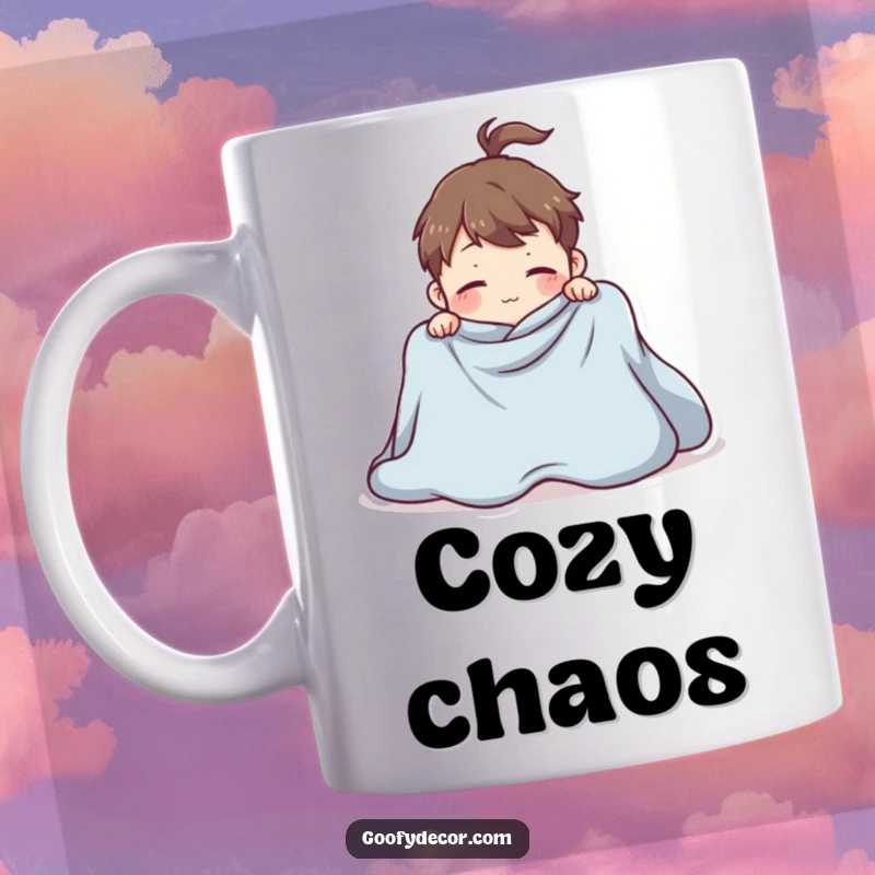 Funny mug featuring a playful character hilariously attempting to fold a giant blanket, showcasing a relatable chore struggle.