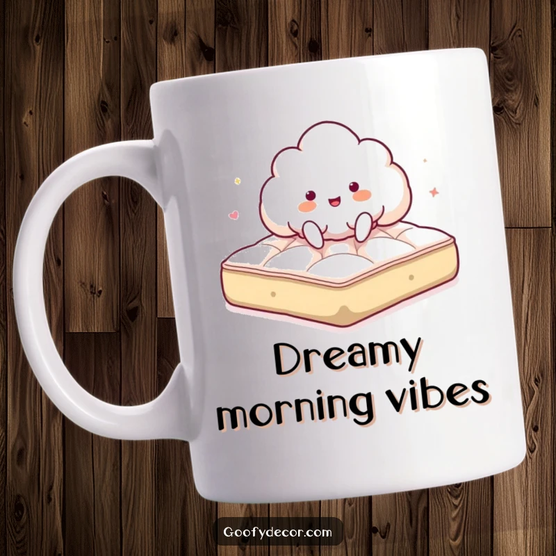 Funny mug showing a giddy, smiling cloud character energetically bouncing on a soft, fluffy mattress, full of glee.