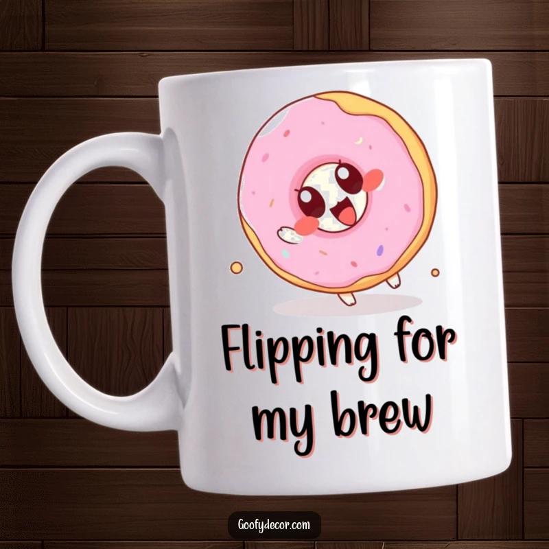 Funny Kawaii Donut Mug: A cute cartoon donut with oversized eyes joyfully attempting a somersault, full of sugary fun.