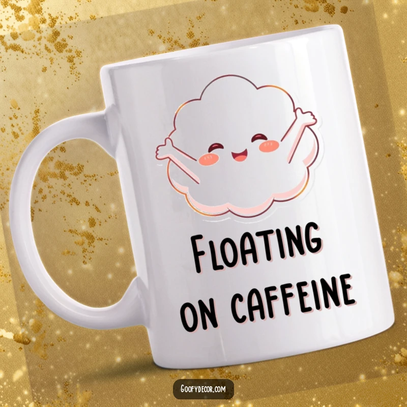 Funny mug featuring a happy cloud character blissfully floating with arms outstretched, embodying peace and joy.
